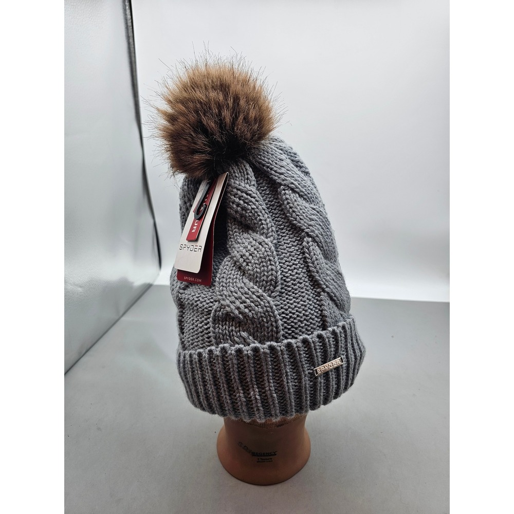 Spyder Womens Cable Knit Beanie Faux Fur Lined Pom Hat Pewter Heather new